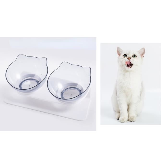 Gamelle Double Bol Inclinaison de 15° pour chat et chiens Bol pour animaux de compagnie Bol à nourriture transparent et gris