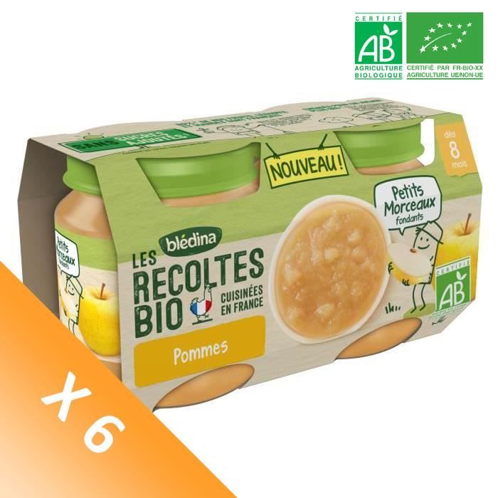 Blédina Les Récoltes Bio, Petits pots pour bébé Bio - Dès 8 mois - Pommes Petits Morceaux - Lot de 6 x 260 g
