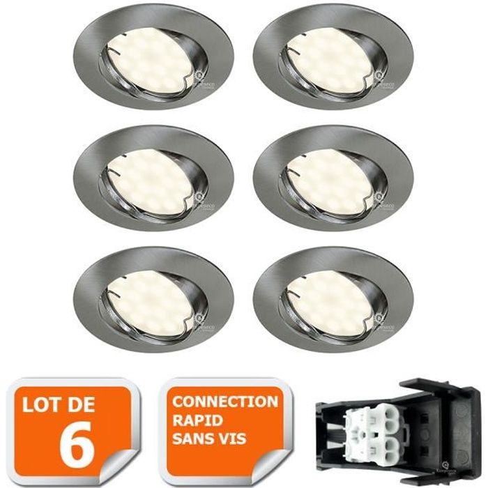 LOT DE 6 SPOT LED ENCASTRABLE ORIENTABLE ALU BROSSE AVEC AMPOULE GU10 230V eq. 50W, BLANC CHAUD