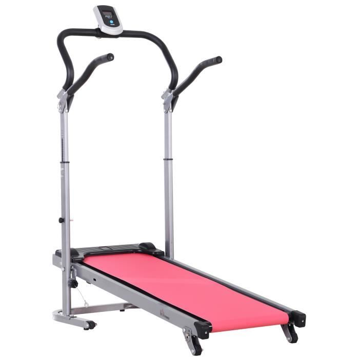 Tapis de course manuel pliable écran LCD multifonction 3 modes d’inclinaisons hauteur guidon réglable acier gris rouge