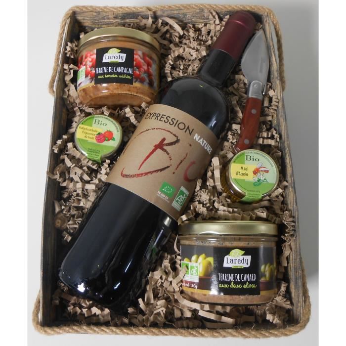 Coffret cadeaux Panier avec vins, terrines et accompagnement - Bio