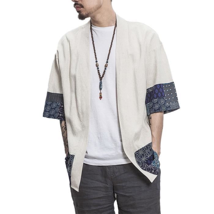 Hommes Cardigan Cloak Cardigan Yukata Impression Cardigan 3-4 Manche,Cardigan en Lin Style Chinois Broderie Rétro D'été Beige C