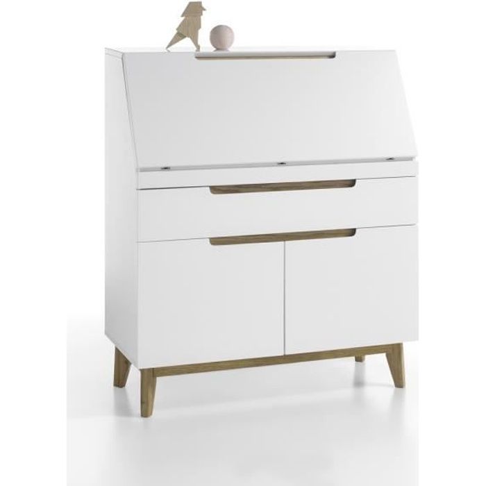 Bureau de sécretaire en laqué blanc mat avec piètement en chene - L97 x H113 x P40 cm
