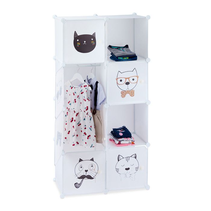 Relaxdays Etagère plug-in Chambre d'enfants, motif chats, 6 casiers, tringle à vêtements HxlxP:145 x 74 x 36,5 cm,blanc