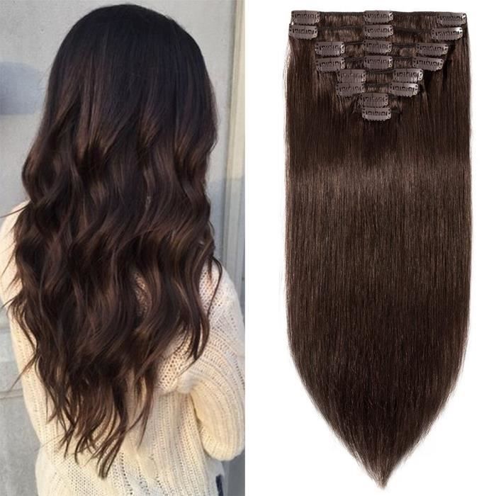 8 pcs Extensions a Clips Cheveux Naturels Epaisseur Moyenne Remy Human Hair - Brun(10 pouces-25cm)