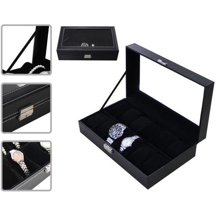Coffret à Montres, Boite pour Montres et Bracelets, 12 montres et vitre, Noir, Dimensions: 30 x 20 x 8 cm