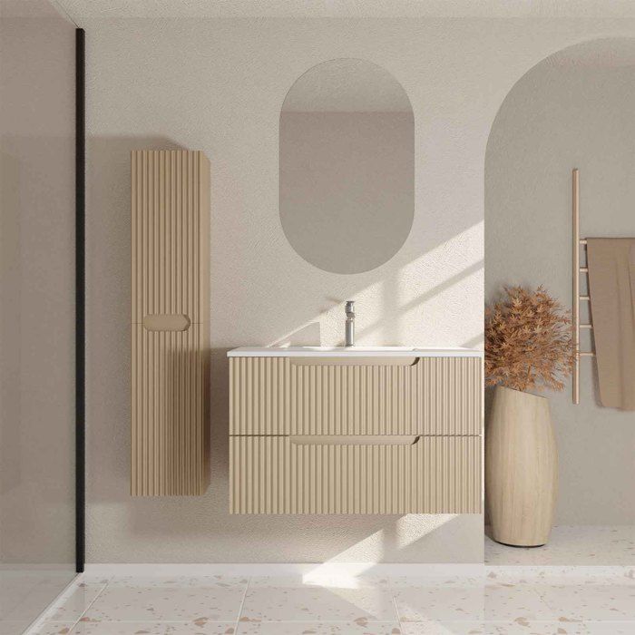 Meuble et colonne de Salle de Bains LEON 80cm Marron Glacé - Façades Ondulées - Vasque Blanche Mate