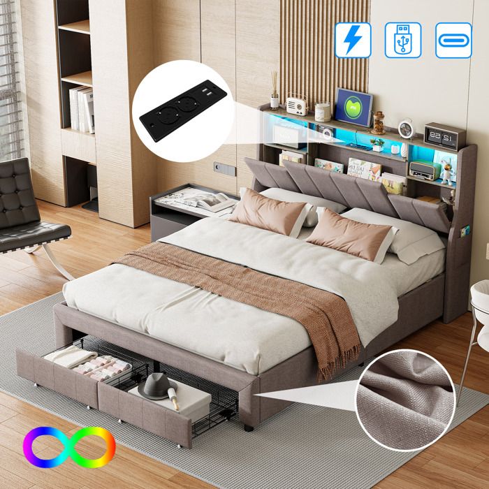 Lit Double 160x200 Avec Rangement - 4 Tiroirs - Sommier à Lattes - LED Et Ports USB - Velours Beige - Sans Matelas
