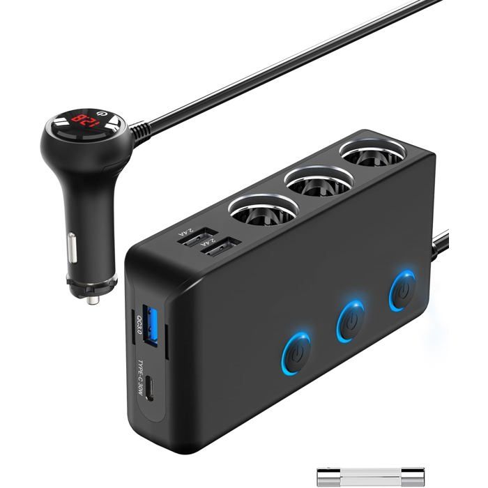 Maclean MCE117 Adaptateur Allume-Cigare Voiture - 3 Prises + 4 Ports USB 4.8A - Avec Voltmètre Et Interrupteur - 6