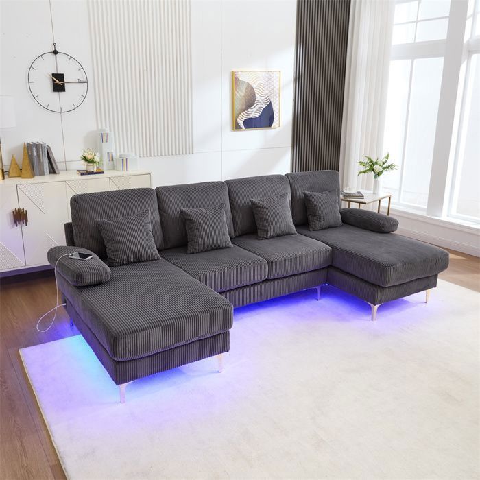 DRIPEX Canapé 4/5 places en forme de U moderne avec éclairage dambiance LED et port USB-CCanapé avec 4 coussinsGris
