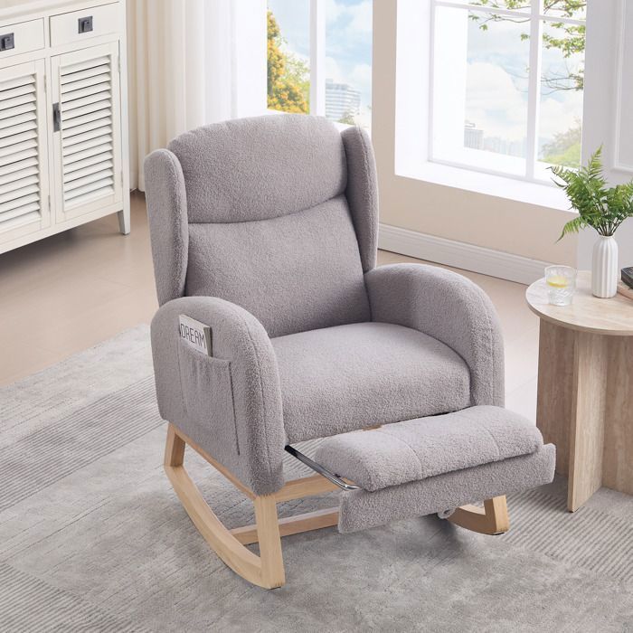 Lemonbest Fauteuil à bascule Confortable avec repose-jambes rétractable et Poches latérales dossier haut Tissu Teddy - Gris