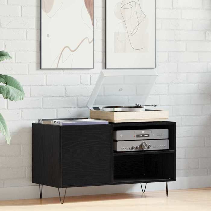 (ON SALE)Meuble Étagère/Support multimédia Meuble à vinyles - Chêne noir - 85x38x48 cm Bois dingénierie EU680509