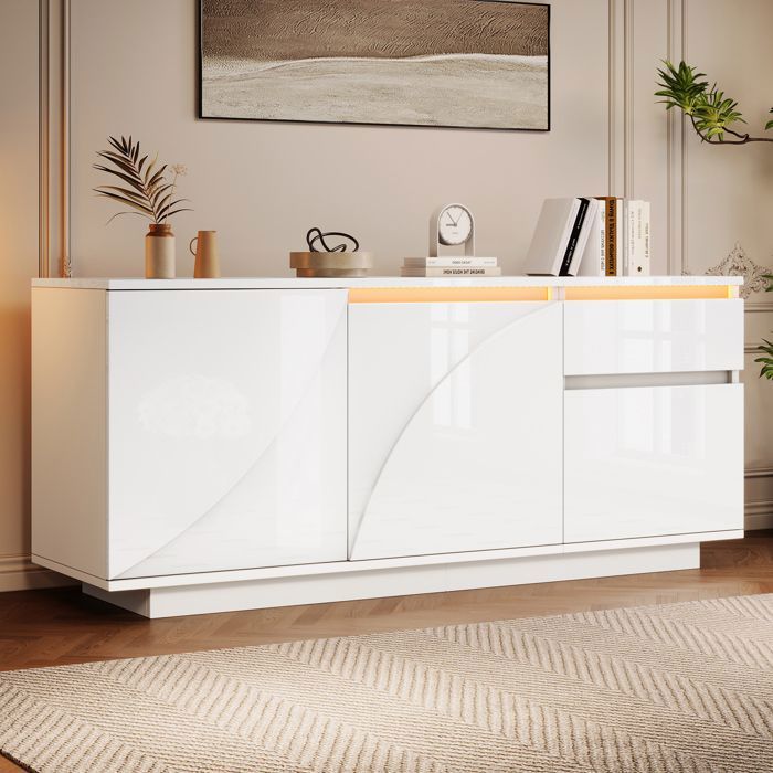 Buffet Blanc Laqué avec LED Sideboard Moderne 140x40x60cm 3 Portes et 1 Tiroir Meuble TV Design pour Salon