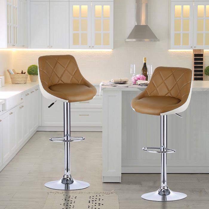 Lot de 2 tabourets de bar en PU avec hauteur réglable et fonction pivotante Devant camel et dos blanc.