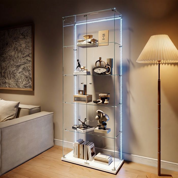 Vitrine Verre Trempé 5 Étagères double porte Poignée Métal et Fermeture à Clé LED réglable base blanc 78.5x34.5x186.5 cm
