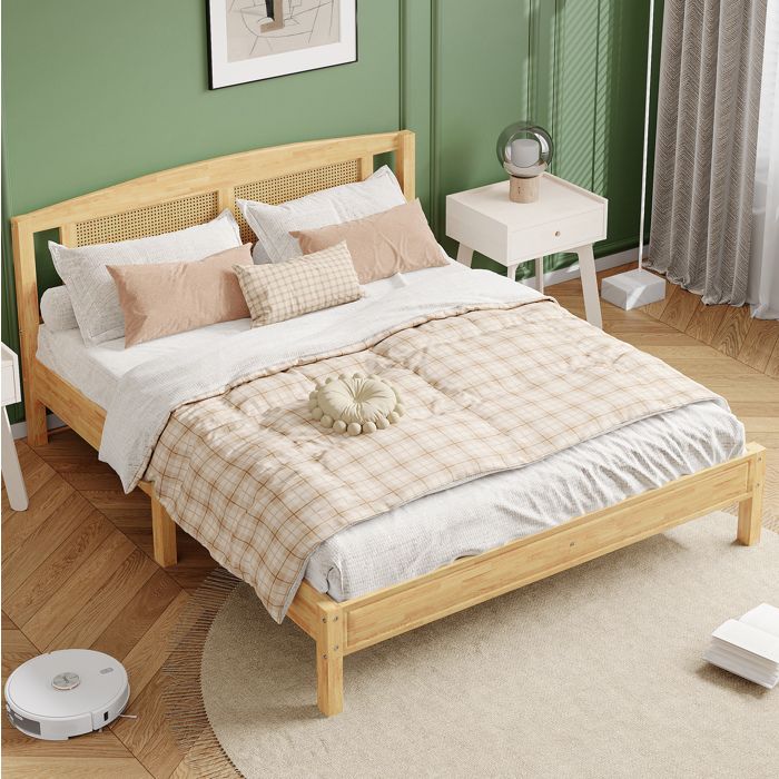 Lit adulte 160X200 cm. pin + rotin PE. sans matelas. naturel
