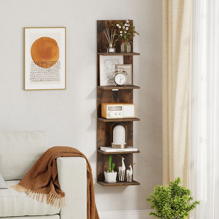 Étagère Murale à 5 Niveaux COSTWAY Étagère Verticale Flottante en Bois à Accrocher au Mur pour Salon Chambre Salle de Bain Marron
