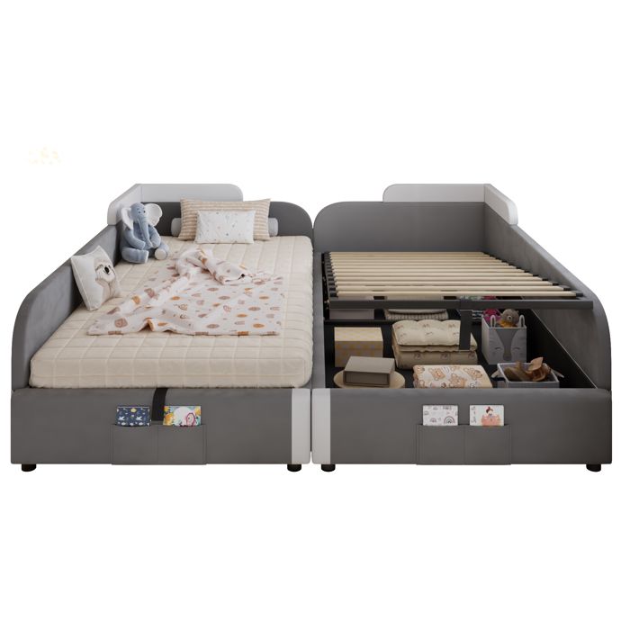 Lit Coffre 90x200 Cm - Lit Combiné Enfant Avec Coffre Et Rangement Intégré - Velours Fsc - Gris
