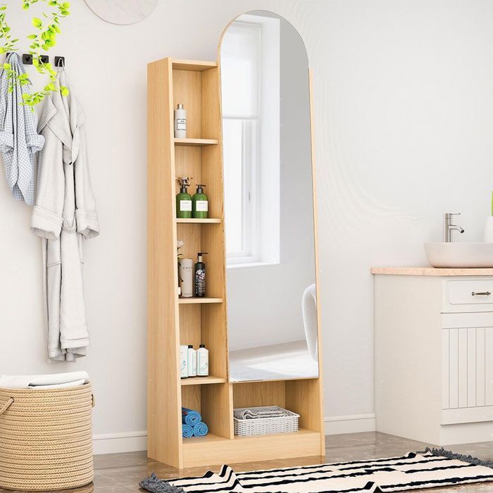 Armoire à chaussures - Armoire haute 165x60x28 cm - Porte miroir - Étagères réglables - Aspect bois (MDF)