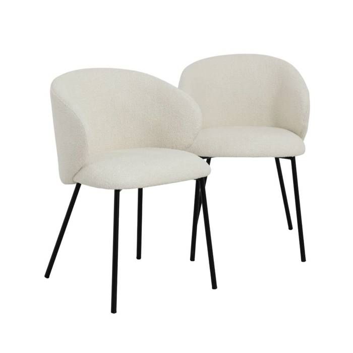 Chaise avec accoudoirs ronds en tissu bouclette écru clair et pieds en métal Cléa (lot de 2)