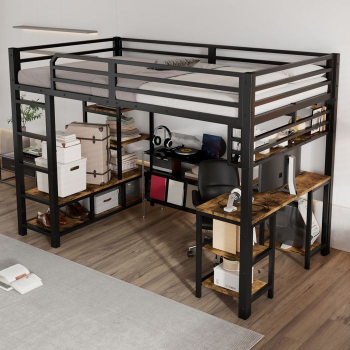 Lit mezzanine 120x200 cm lit enfant avec bureau et rangements sommier à lattes couleur noire et de noyer foncé