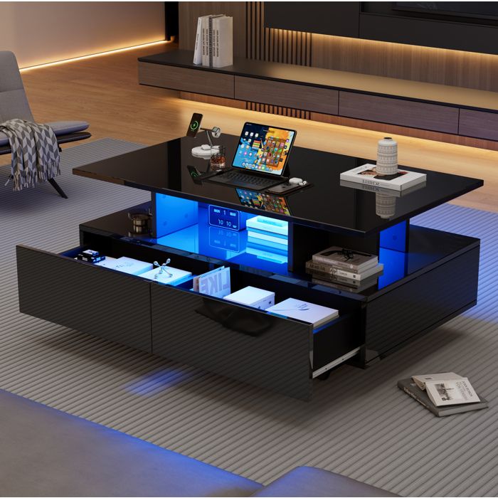 Table basse noire laquée avec LED intégrée et 2 tiroirs de rangement