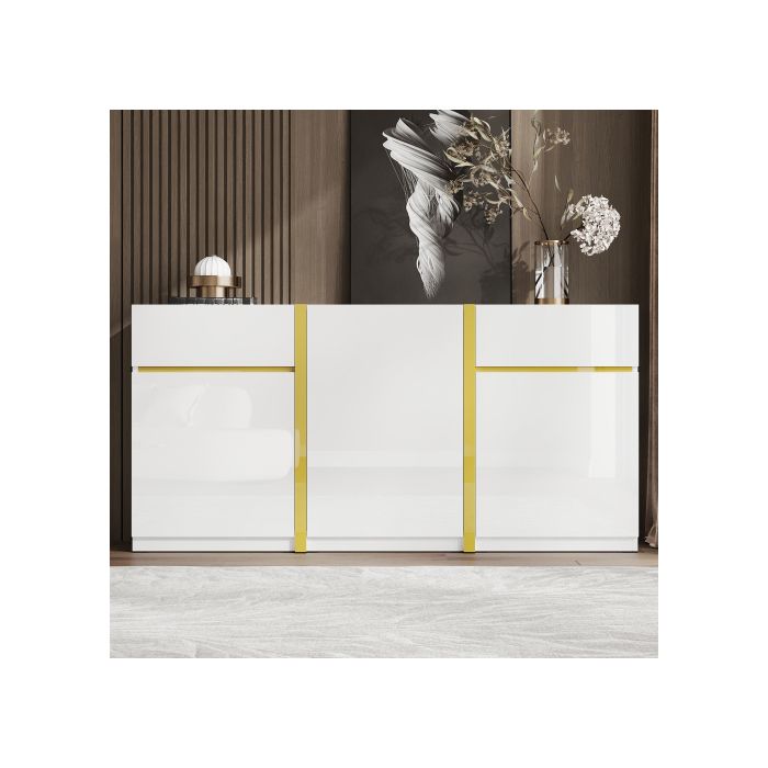 Buffet laqué brillant 3 portes 2 tiroirs avec étagères réglables meuble de rangement 160 x 40 x 78 cm MDF blanc et doré