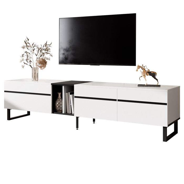 Meuble bas TV 180 cm blanc avec nombreux rangements clapet pratique et portes doubles style contemporain