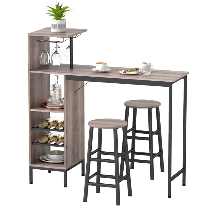 Ensemble bar 3 pièces - L1215×P40×H122 cm - Rangement 6 bouteilles - Porte-verres 4 - Tabourets escamotables