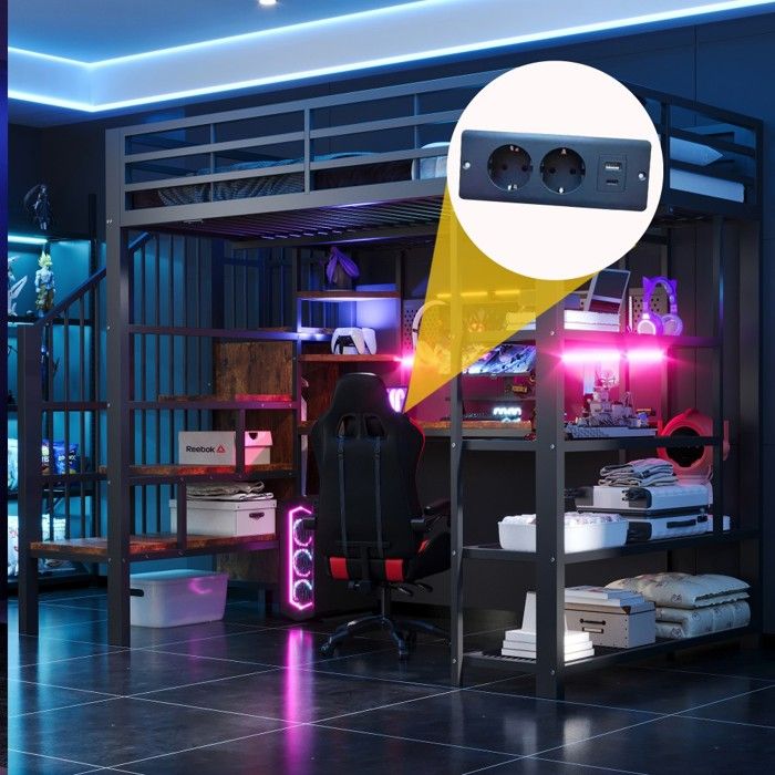 Lit Mezzanine Fer Forgé Noir 140x200cm Bureau Perforé LED Prises EU Étagère Rambarde Haute Sans Matelas