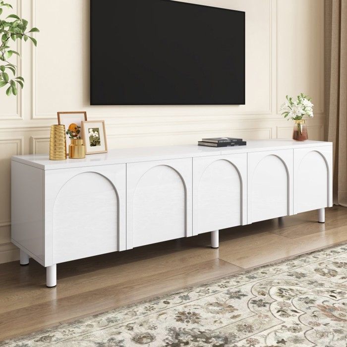 Meuble TV Bas Blanc 180x38x45cm À 5 Portes Pieds Métal Structure PB MDF Table TV De Salon Design Moderne Avec Grand Rangement