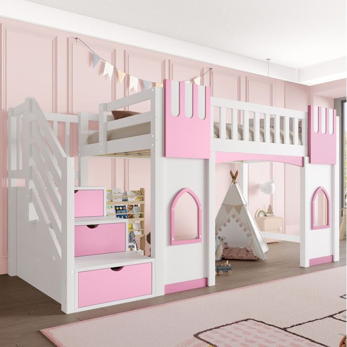 COVREO Lit mezzanine enfant 90 x 200 cm avec escalier de rangement 2 fenetres blanc et rose