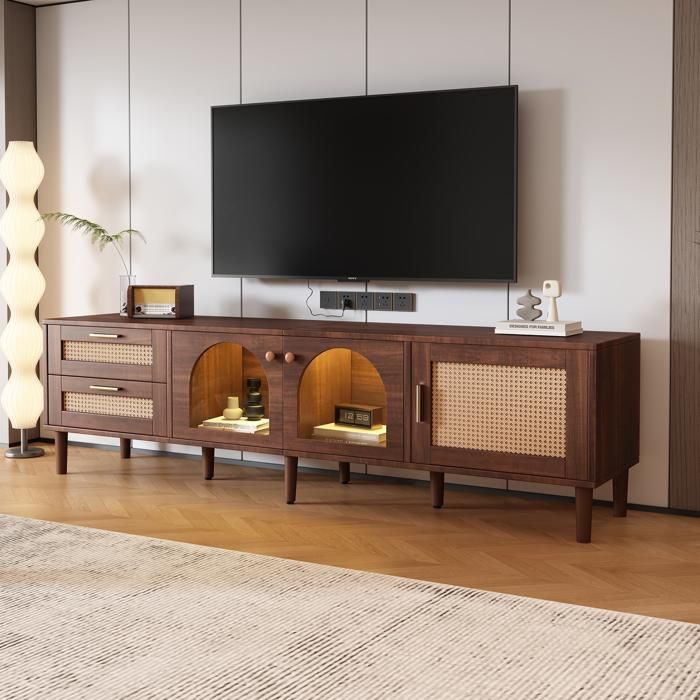 Meuble TV Bois en Rotin avec LED 2 Portes et Tiroir Banc Télé Table de Salon pour Téléviseurs de 80 Pouces 180 x40x50cm Brun