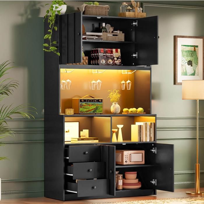 ROVRYN Buffet de cuisine haut 100 x 40 x 180 cm avec LED RGB prises AC USB vitrine porte-verres noir MDF