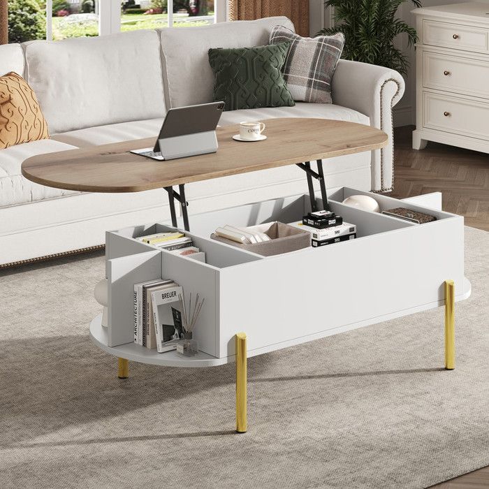 Table Basse Relevable avec Plateau Réglable Hauteur120x50x43cm Tables Salon avec 7 étagères Tables dAppoint avec Rangement Caché