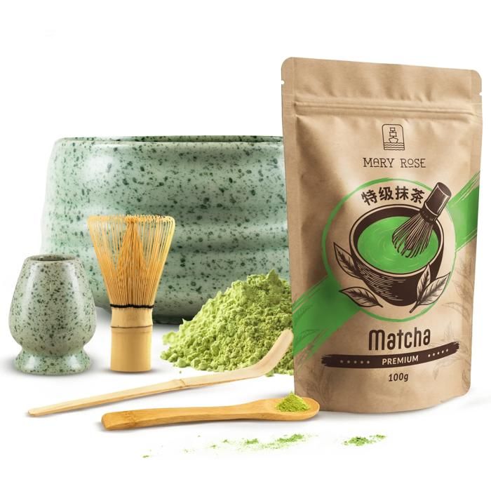 Kit Matcha Céramique - Thé Vert Matcha Premium Chine 100g Matchawan Fouet Chasen Support Cuillère Chashaku