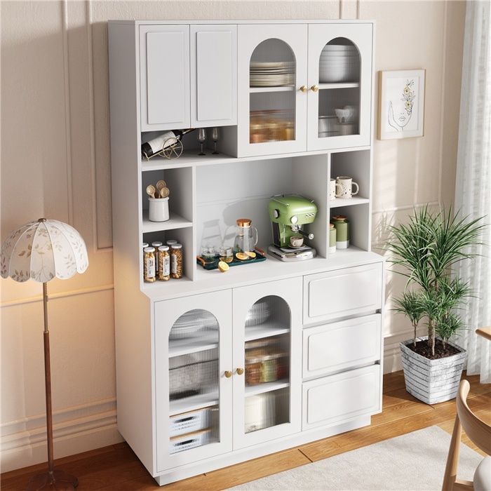 Buffet haut de cuisine - 106x40x175cm - Vaisselier Portes Acrylique Éclairage LED App & 3 Tiroirs - Blanc
