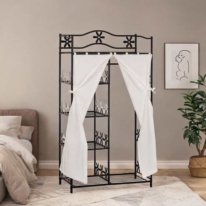 Armoire penderie métal noir à rideaux blancs 5 étagères barre de penderie 84 x 42 x 159 cm style campagne