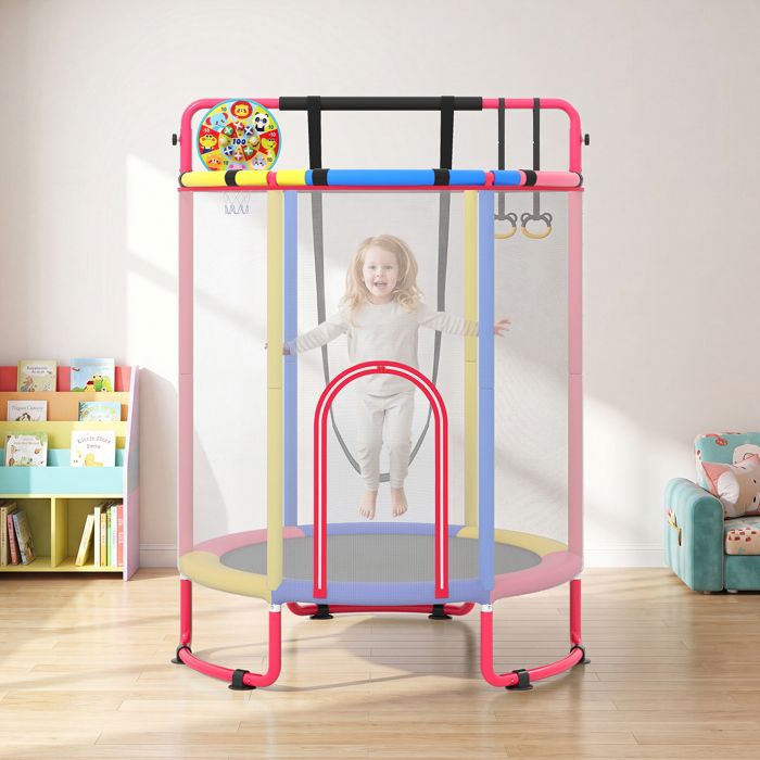 Trampoline Enfant ø 154cm COSTWAY-6 en 1 avec Filet Sécurité 360° Panier Basket Balançoire Tapis de Saut Intérieur/Extérieur Coloré