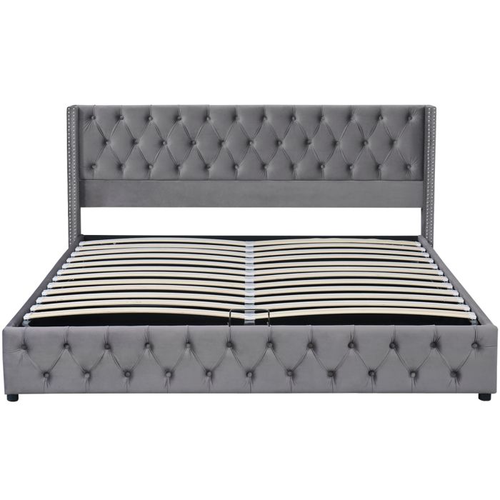 Lit double 180x200 cm en velours avec tête et pied de lit rembourrés double rangée de clous coffre hydraulique gris