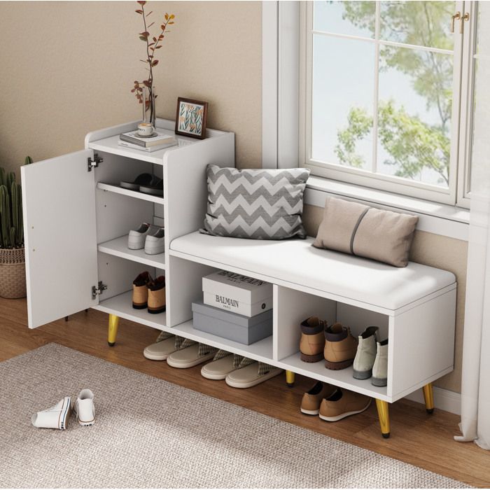 MEUBLIV Meuble à chaussures avec banc rembourré blanc brillant 3 étagères réglables détails dorés