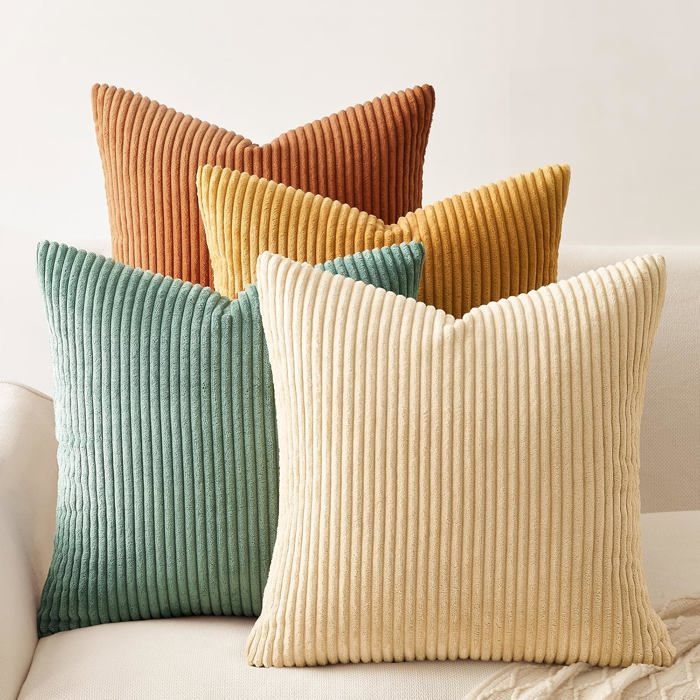 Housse de coussin décorative lot de 4 - velours côtelé 40 x 40 cm bleu orange rayé dégradé zip invisible lavable machine