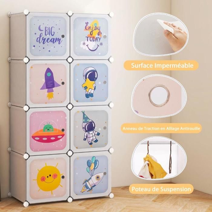 Armoire Enfant Modulable Rangement avec Penderie et 8 Cubes Portes à Motifs Plastique Blanc Chambre Bébé