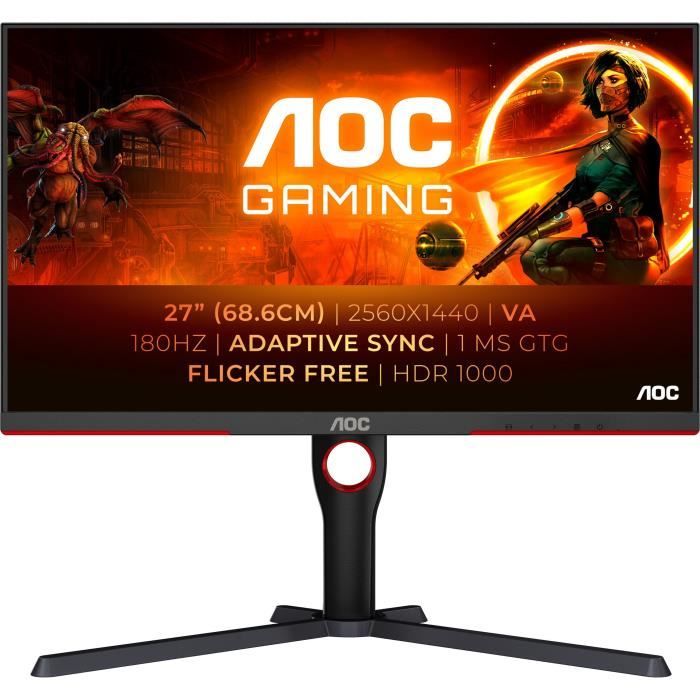 Cet écran PC AOC Q27G3XMN de 27 pouces offre une résolution QHD de 2560 x 1440 pixels une luminosité de 1000 cd m² et un rapport de contraste de 4000 1. Avec sa dalle VA il offre un temps de réponse de 1 ms et une fréquence verticale en résolution max de 180 Hz.