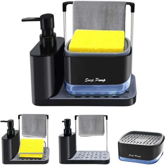 Organisateur Évier CAUTIOUS Avec Distributeur Liquide Vaisselle 350ml - Brosse Et Tapis Anti-Dérapant - Noir