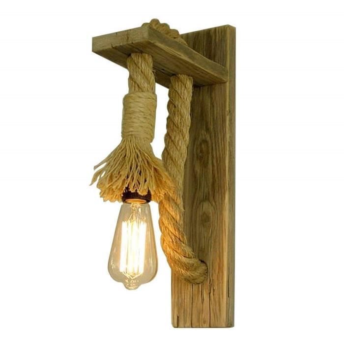 Vintage Corde Epaisse Lampe Murale Solide Bois Mur Lampe Retro