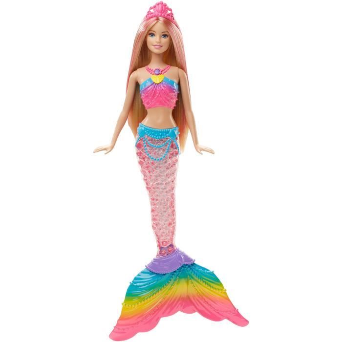 Barbie Dreamtopia poupée sirène cheveux roses et tenue multicolore.