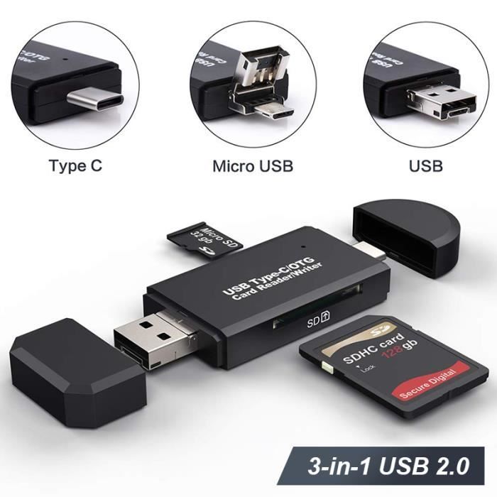 Lecteur de carte ext.,OSEVPORF Lecteur De Carte SD USB 2.0 OTG Micro USB Type C Lecteur de Cartes Mémoire SD - Black Card Reader