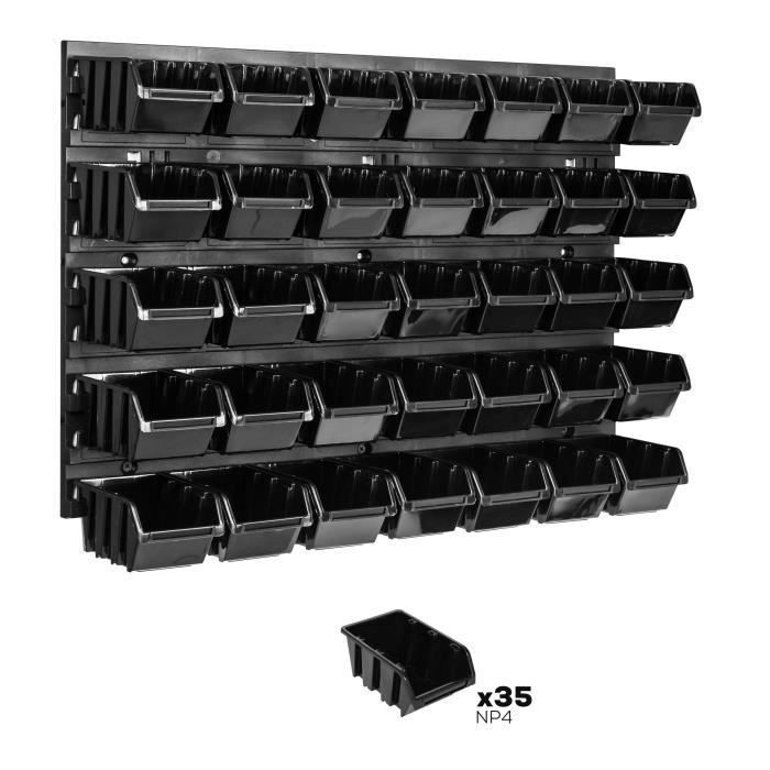 Étagère murale - BOTLE - 58 x 39 cm - Noir - 35 boîtes empilables - Système de rangement