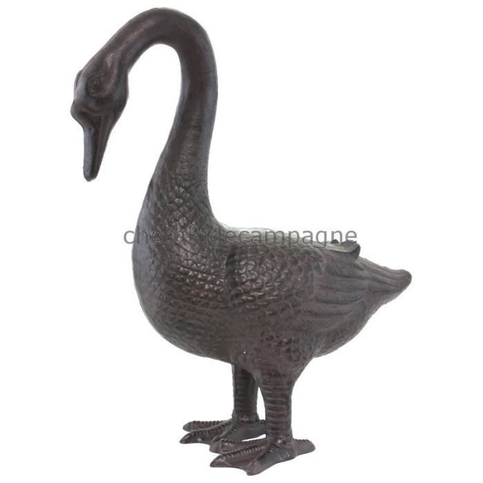 Grande Sculpture Statue Jar Oie Oiseau de Jardin en Fonte 38 cm Marron